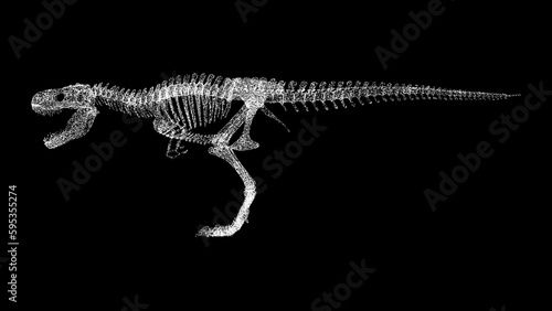 3D Tyrannosaurus rex skeleton on black bg. Object dissolved white flickering particles. Business advertising backdrop. Science concept. For title, text, presentation. 3D animation.