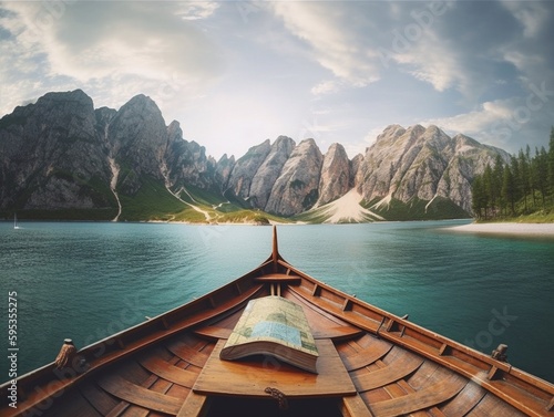 Wooden boat on lake in the mountains. The concept of travel and tourism