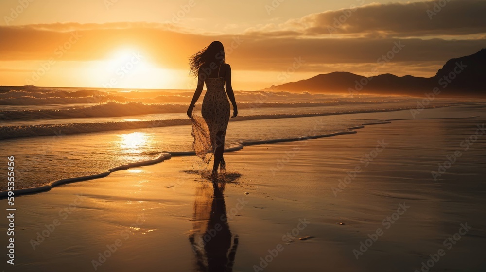 A woman walking on a beach with a sunset in the background