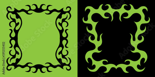 Vector design set, flames and fire, acid neo tribal shapes, y2k elements and abstract illustrations in gothic style, gothic and acid tattoos and print templates