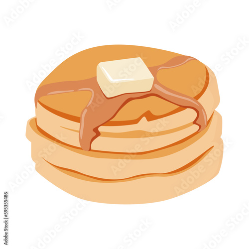 Stack of pancakes with maple syrup and piece of butter. Hand drawn vector illustration