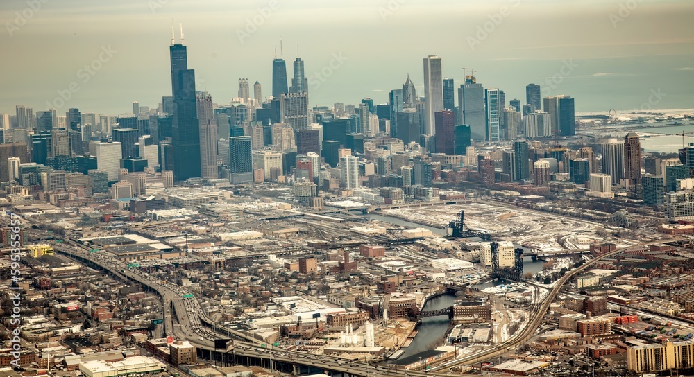 An aerial view of doentown Chicago on a foggy day