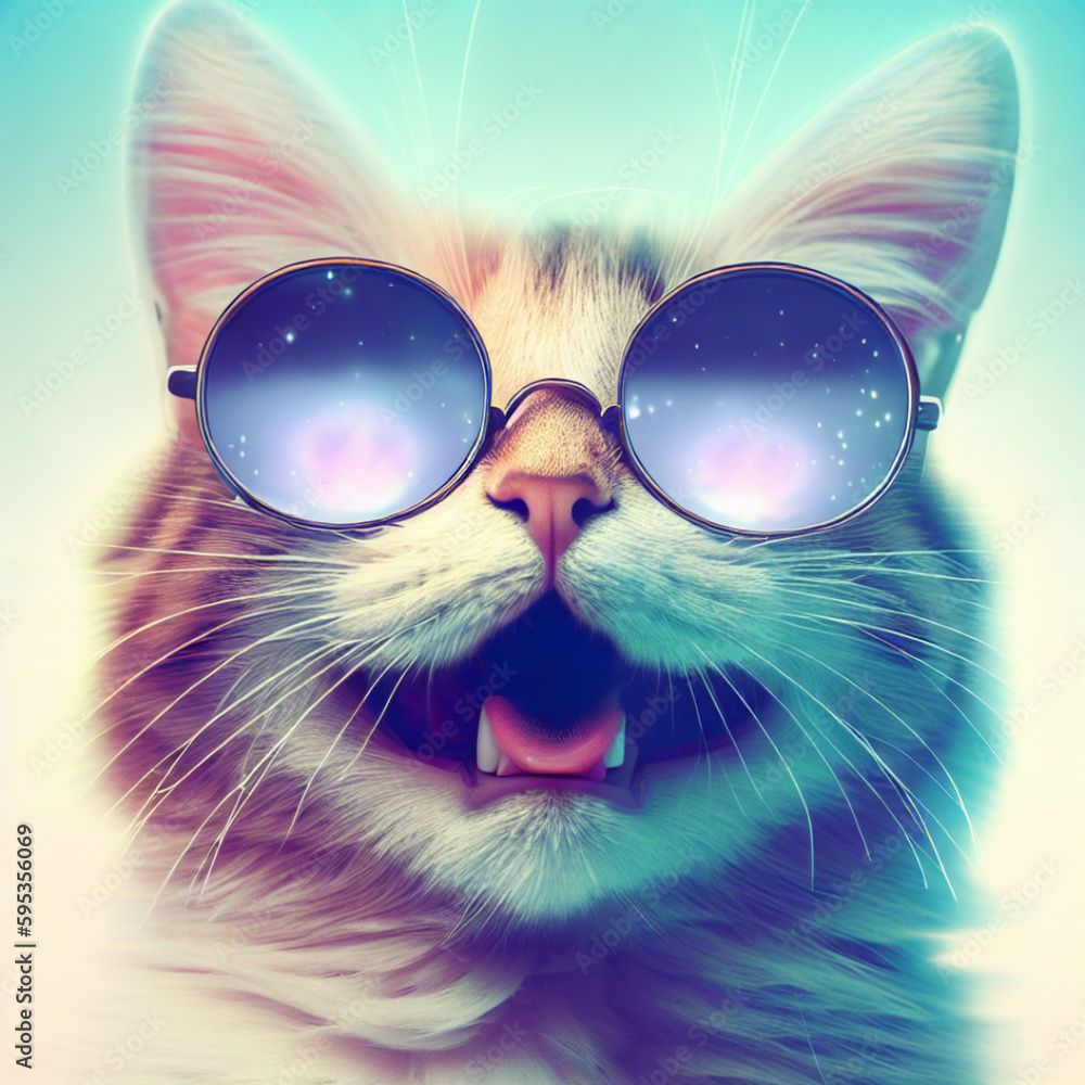 Cat from the front with sunglasses smiling, Generative AI