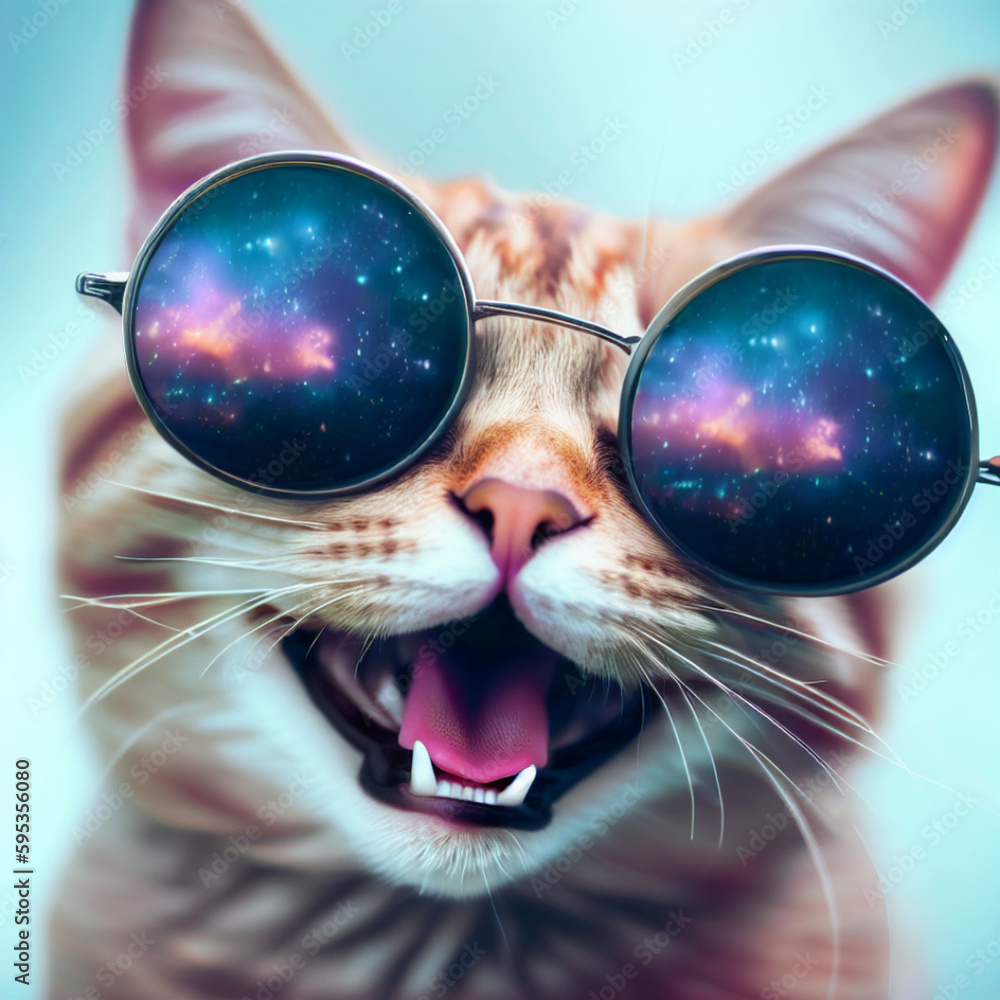 Naklejka premium Cat with sunglasses smiling, Generative AI