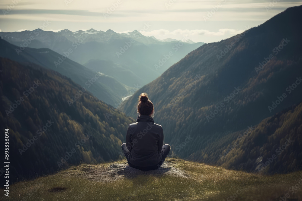 A young woman sitting in the midst of beautiful natural landscape enjoying the freedom and adventure of her travel. The lush green forest, towering mountains provide a breathtaking view. Generative AI