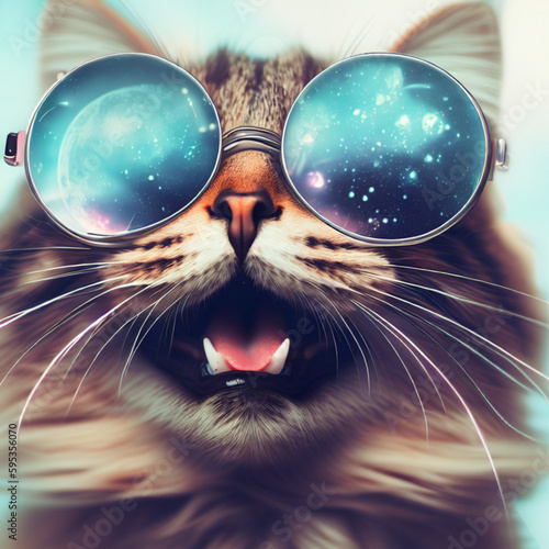 Happy cat looking into space with sunglasses, Generative AI