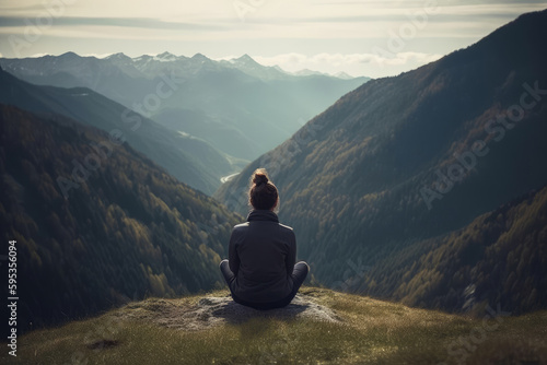 A young woman sitting in the midst of beautiful natural landscape enjoying the freedom and adventure of her travel. The lush green forest, towering mountains provide a breathtaking view. Generative AI