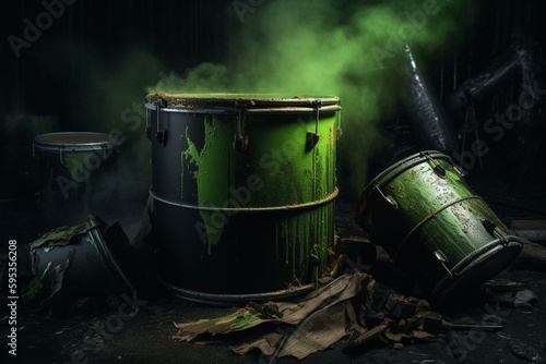 Toxic drums leak green waste. Generative AI