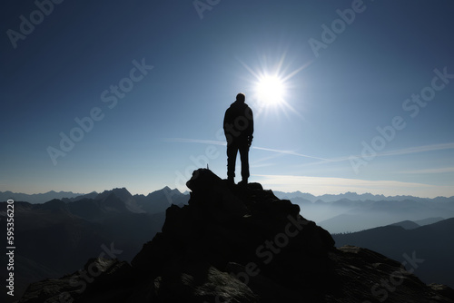 Silhouette of man  stands triumphantly on top of the mountain.Successful journey in adventure and business. Leader and an active traveler  reaching new heights  conquering challenges. Generative AI
