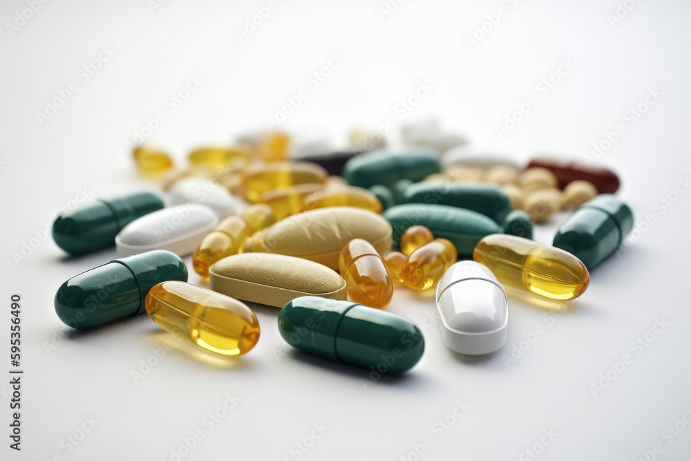 A pile of various pills and tablets. Medicine and drugs, painkillers and antibiotics. Supplements and vitamins. Treatments and cures for illnesses and conditions. Pain relief, health. Generative Ai