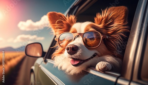 Happy dog in sunglasses looking out the car window by Generative AI © sonatik