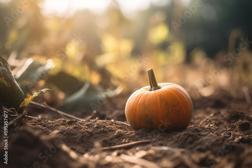 A vibrant orange pumpkin ripen in the autumn sun ready to be harvested and enjoyed as healthy  natural food in a season of holidays and celebration. In a field of fresh soil. Ideal soup. Generative AI