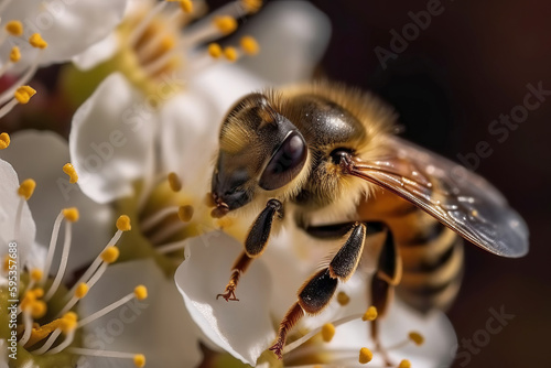 A bee on white flower collects pollen. Generative AI illustration