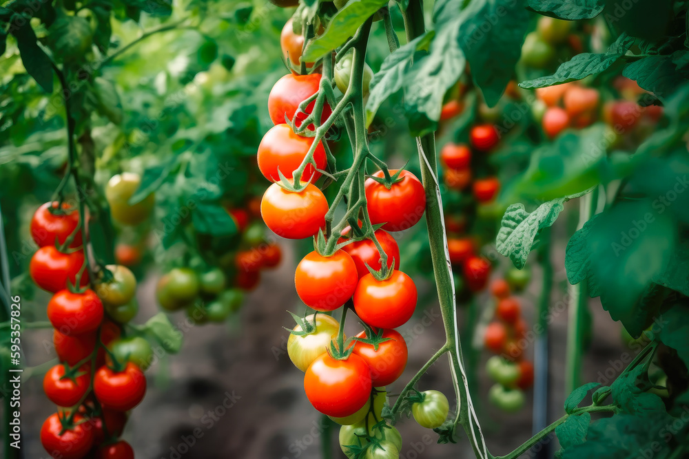 Ripe cherry tomato plants growing in greenhouse. Fresh bunch of red natural tomatoes in organic vegetable garden. Generative AI. - obrazy, fototapety, plakaty 