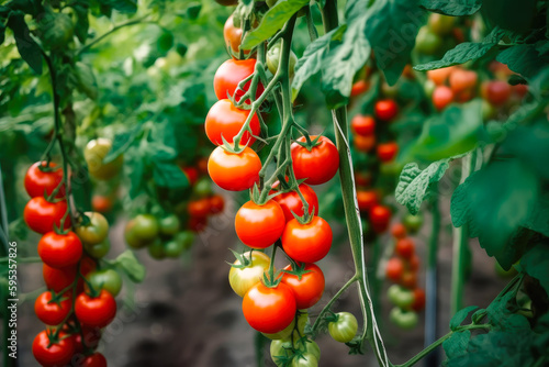 Fototapeta Ripe cherry tomato plants growing in greenhouse