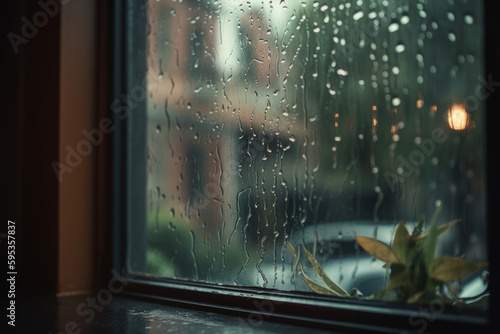 The mood of the scene is set by the raindrops on the window, creating an abstract yet beautiful pattern. The wet surface and grey skies outside enhance the feeling of cosiness inside. Generative AI.