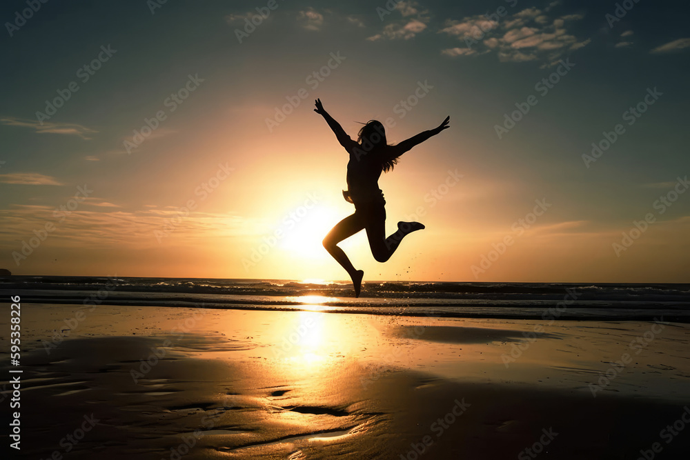 A woman jumps on the beach at sunset, her silhouette against the orange sky and the vast ocean. Happiness and freedom, a carefree spirit enjoying nature and the beauty of the outdoors. Generative AI