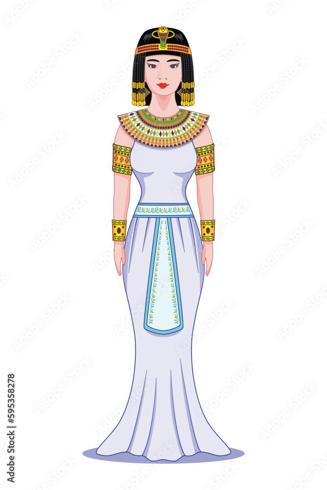 Concept of Beautiful woman costume or dress in princess or queen in ancient Egypt with snake golden crown drawing in cartoon vector