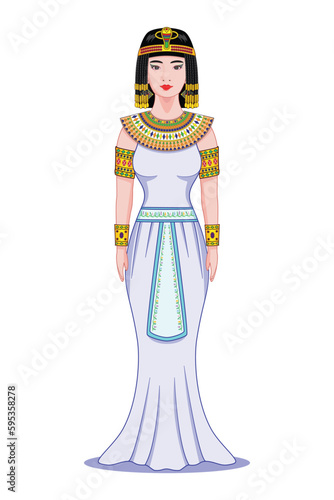 Concept of Beautiful woman costume or dress in princess or queen in ancient Egypt with snake golden crown drawing in cartoon vector