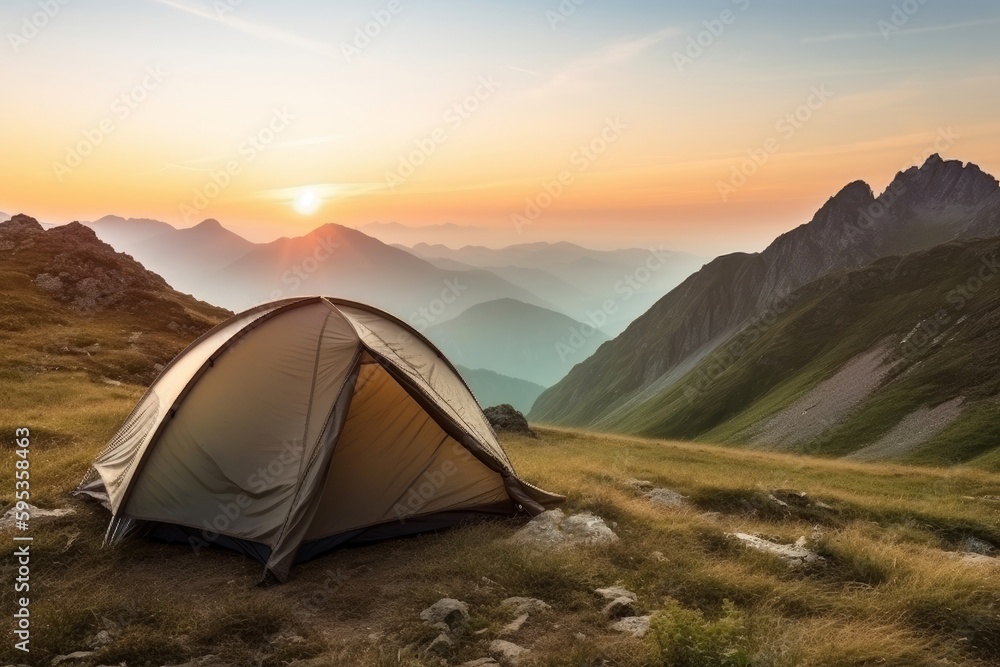 The tent is set up, stunning mountain landscape. Summer sun illuminating the natural beauty of the surrounding forest. This idyllic camping spot offers outdoor adventure and relaxation. Generative Ai