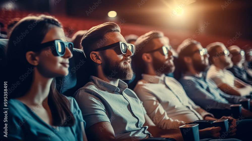 People sitting at cinema, watching 3D film, smiling. joyful people watching 3d movie in cinema. digital ai art People sitting at cinema, watching 3D film, smiling. joyful people watching 3d movie in cinema. digital ai art