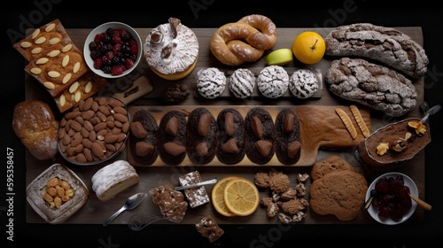 German sweets, flat lay, top view assorted cookies and traditional desserts, AI generative overhead view of knolling arrangement