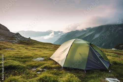 The tent is set up, stunning mountain landscape. Summer sun illuminating the natural beauty of the surrounding forest. This idyllic camping spot offers outdoor adventure and relaxation. Generative Ai