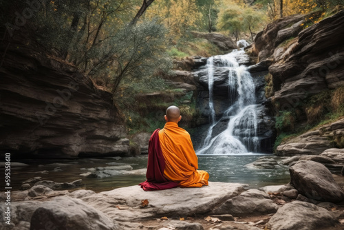 Tibetan monk meditating near a waterfall in the forest. Buddhism traditional culture. Calm peaceful and tranquil landscape. Man focusing wearing an orange outfit trying to reach nirvana. Generative Ai