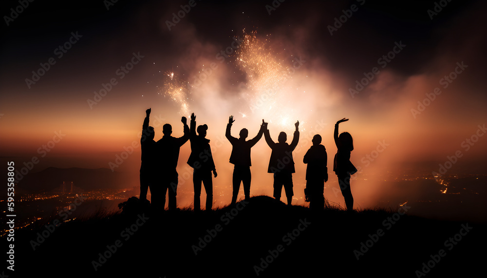 Corporate team celebrating success on a mountain top Corporate team celebrating success on a mountain top