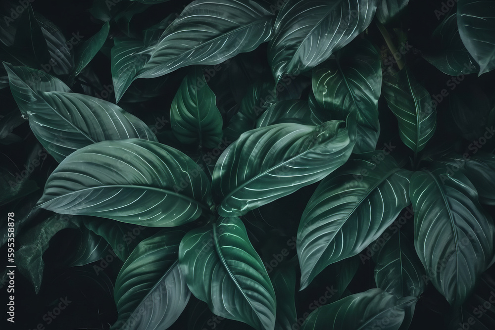Fototapeta A tropical textured background with leaves and plants, perfect for a summer-themed decoration or wallpaper. The green and fresh design features palm trees and monstera leaves. Generative AI