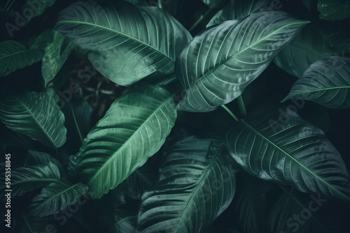 A tropical textured background with leaves and plants  perfect for a summer-themed decoration or wallpaper. The green and fresh design features palm trees and monstera leaves. Generative AI