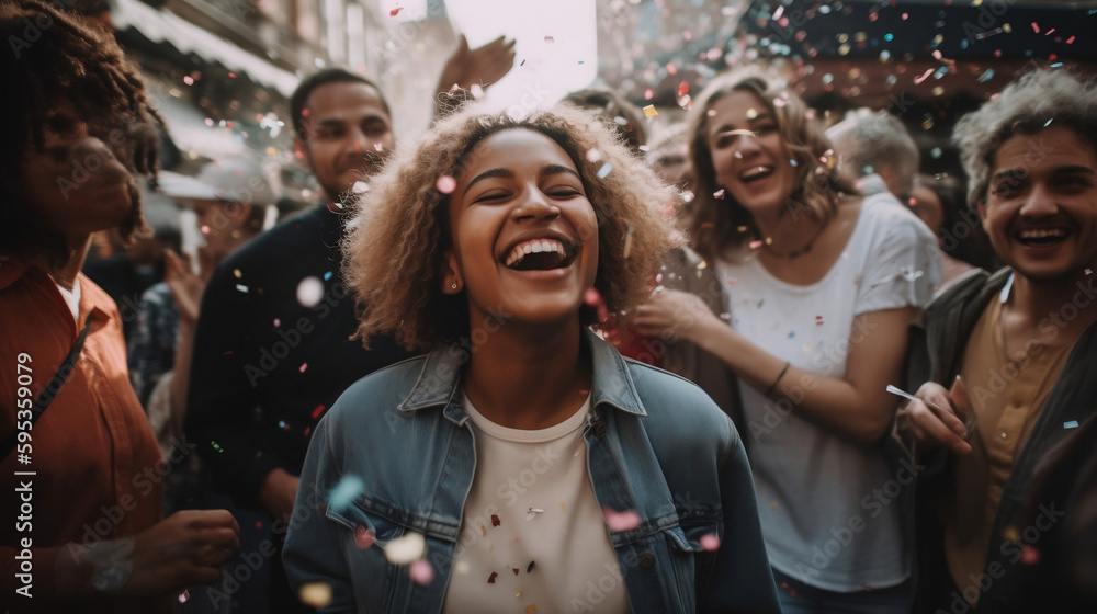 A detailed image of a diverse group of people, representing different races, genders, and styles, coming together in a joyful celebration during a lively afternoon in the city