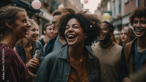 A detailed image of a diverse group of people, representing different races, genders, and styles, coming together in a joyful celebration during a lively afternoon in the city