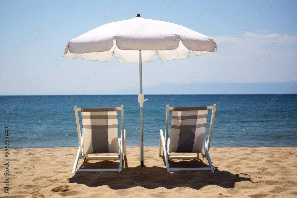 Empty chairs and an umbrella sit on a pristine beach, inviting relaxation. Beauty of the tropical landscape. Tranquil scene, white sand and blue waters of the ocean in the background. Generative AI