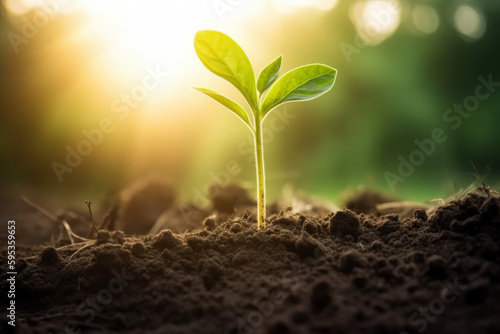 A small baby plant emerges from the soil, basking in the warm sunlight of a new day. Its green leaves and delicate stem. Nature growth. Sustainable agriculture and ecology in rich soil. Generative AI