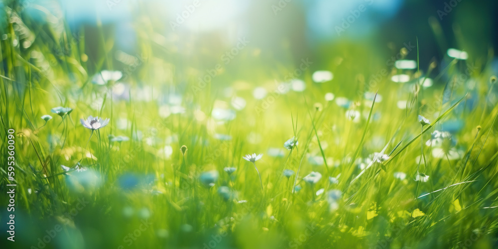 Beautiful blurred spring background nature with blooming glade, trees and blue sky on a sunny day generative ai