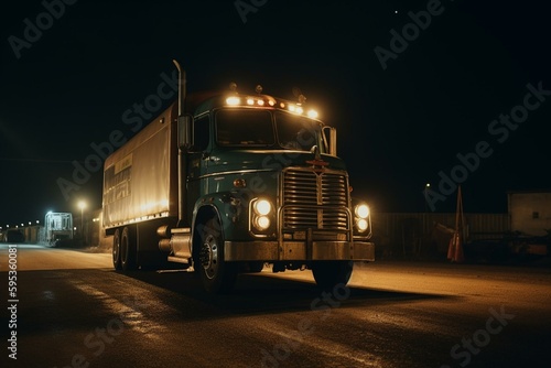 Vintage big rig illuminated in the night time. Generative AI
