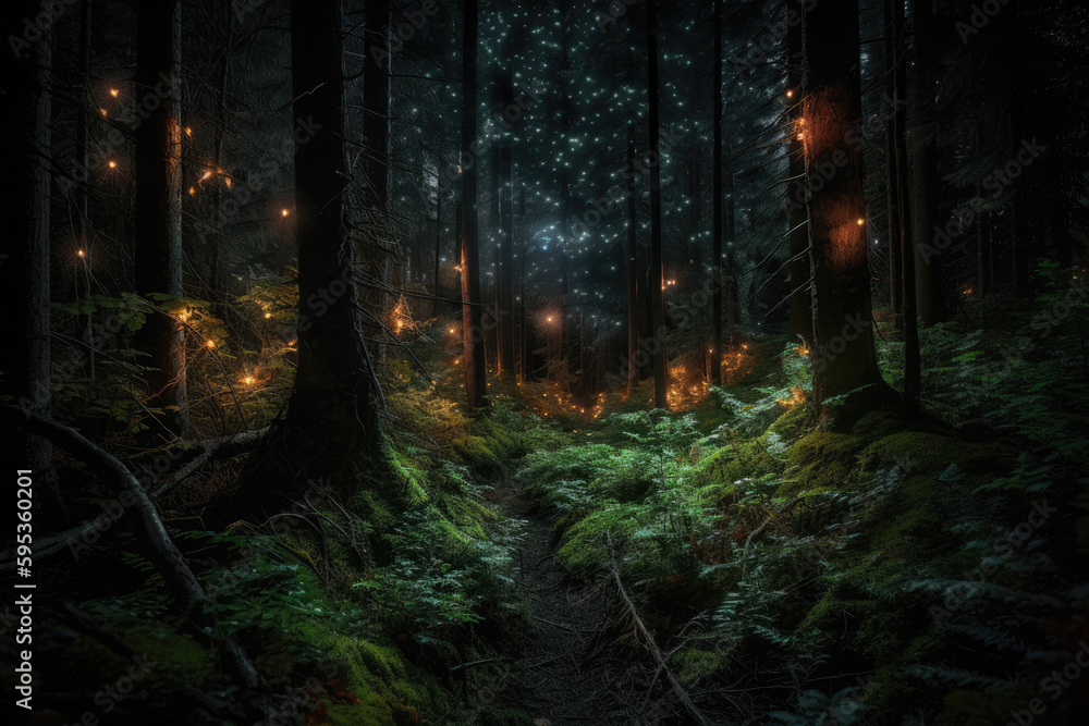 Magic fairy tale forest at night. Fantasy forest with glowing lights. Created with Generative AI