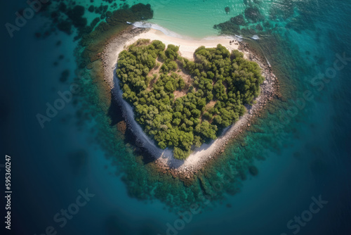 Aerial view of heart shape island in sea. Generative AI © Lazy_Bear