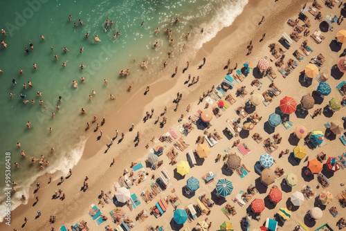 Sea beach with colorful umbrellas and relaxing people, aerial top view. Crowded sandy beach at high season. Tourists at summer holidays. Created with Generative AI