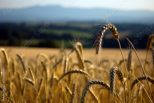 golden wheat field with a single wheat stalk in focus and a blurred countryside landscape  copyspace for text  generative ai