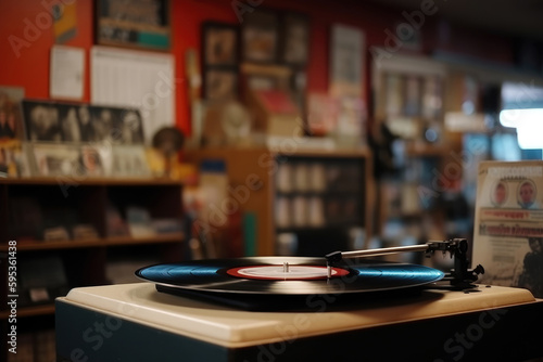 vintage vinyl record on a turntable with a blurred music store in the background, copyspace for text, generative ai