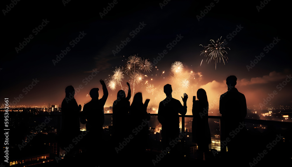 Corporate team celebrating and watching fireworks Corporate team celebrating and watching fireworks
