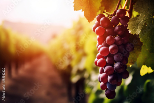vibrant bunch of grapes hanging from a vine with a blurred vineyard in the background, copyspace for text, generative ai