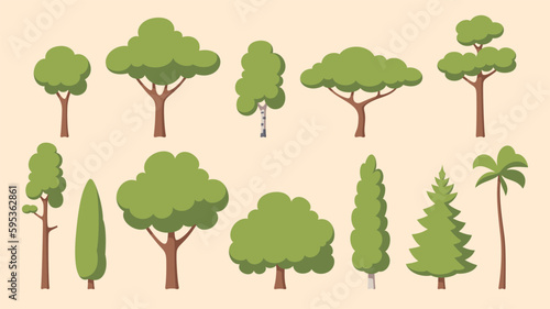 Flat trees set. Flat forest and topical trees. Vector illustration