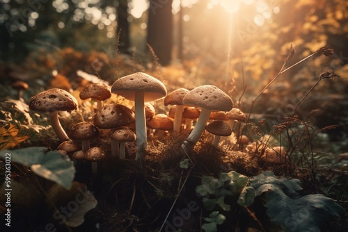 Sunlit mushrooms in the woods. Generative AI
