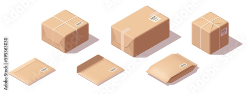 Isometric carton box set. Different types of cardboard boxes. Box for goods, delivery and gifts. Vector illustration