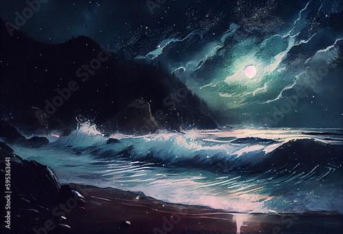 A nighttime seascape with waves crashing against the shore and stars twinkling overhead, watercolor style Generative AI