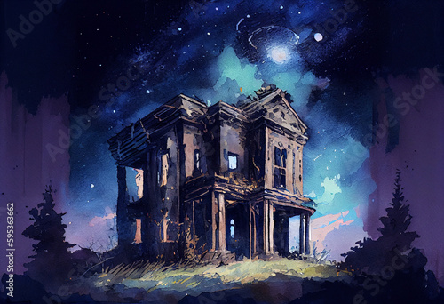 An abandoned building or ruin with a starry background, evoking a sense of mystery and awe, watercolor style Generative AI