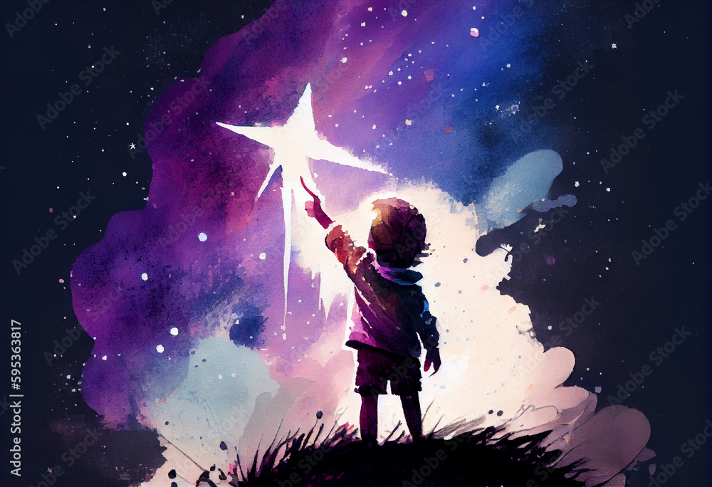 A child pointing towards the stars with an expression of wonder and amazement, watercolor style Generative AI